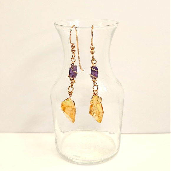 Yellow Crystal Point and Amethyst Wire Wrapped Earrings - Picture 2 of 6